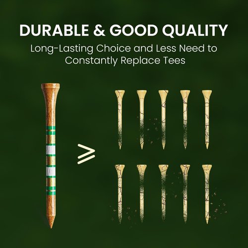 FINGER TEN Golf Tees Wood for Men Wooden Tee 2 3/4 3 1/4 Inch Western Birch Value 100 Pack, Reduce Friction Spin Tall Sturdy Base for Stability Long-Lasting Durability (Brown&Gold&Green, 3 1/4 Inch)