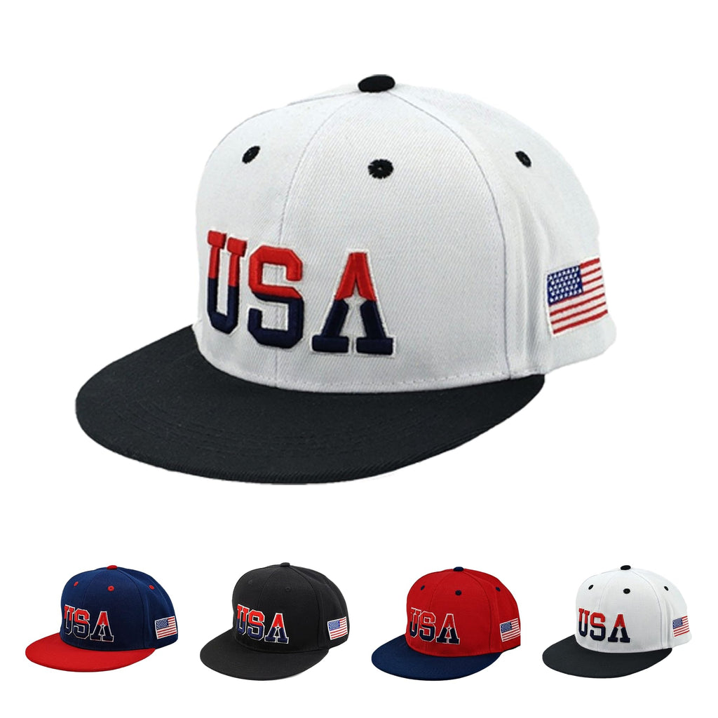 USA Snapback Hats for Men Women American Flag Baseball Cap Adjustable Cotton Embroidered Flat Brim Hat Patriotic Dad Hat Trucker Cap White