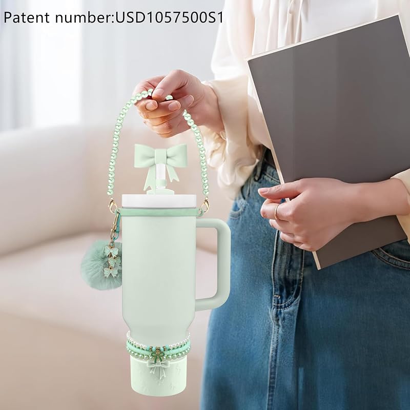 11pc Stanley Cup Accessories Set – Light Green Variation 02: Bow Straw Cover, Pom Pom Keychain & Beaded Charms