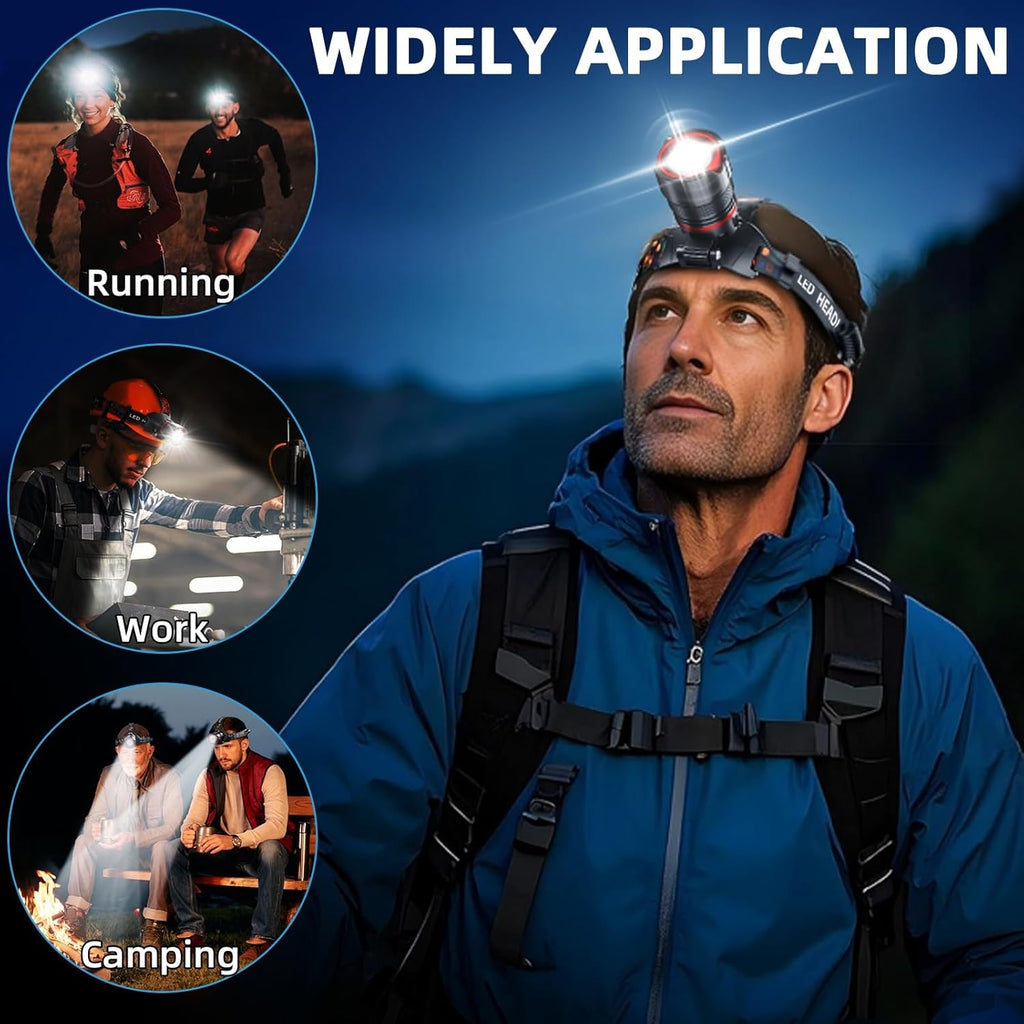 Skiennix Rechargeable Headlamp - 99000 High Lumens Super Bright LED | Motion Sensor, 12 Modes, IPX7 Waterproof, Adjustable Zoom for Camping & Running