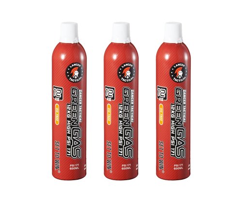 Lancer Tactical 600ml/20oz 12kg Powerful Green Gas High PSI G-1100 for Airsoft Pistol, Airsoft Rifle, Air Gun (Oil Free) -Pack of 3