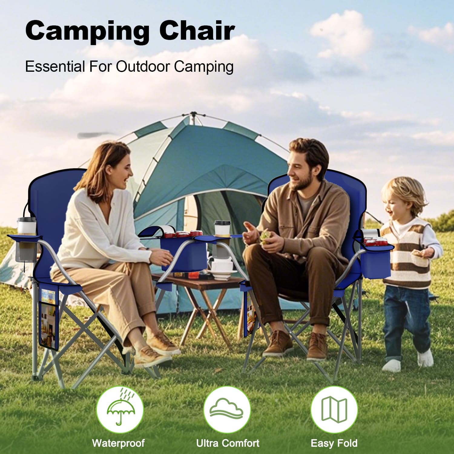 VTOY Folding Camping Chair - Durable 600D Oxford Fabric with Cooler Pouch & Cup Holder | Portable Outdoor Seating