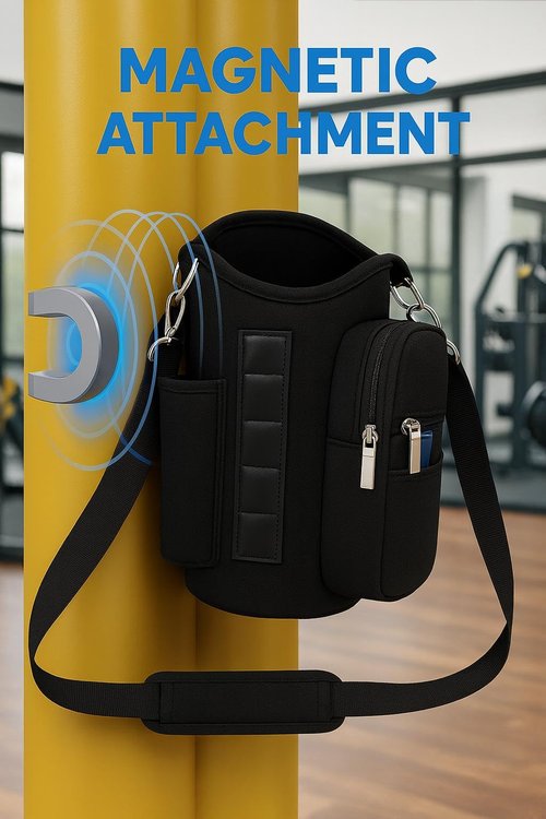 lesofia Magnetic Gym Bag Water Bottle Holder with Phone Pockets & Shoulder Strap,5 Built-in Magnets Gym Bottle Pouch Carrier Sleeve,Magnetic Bag Gym Accessories Organizer for Men Women (Black)