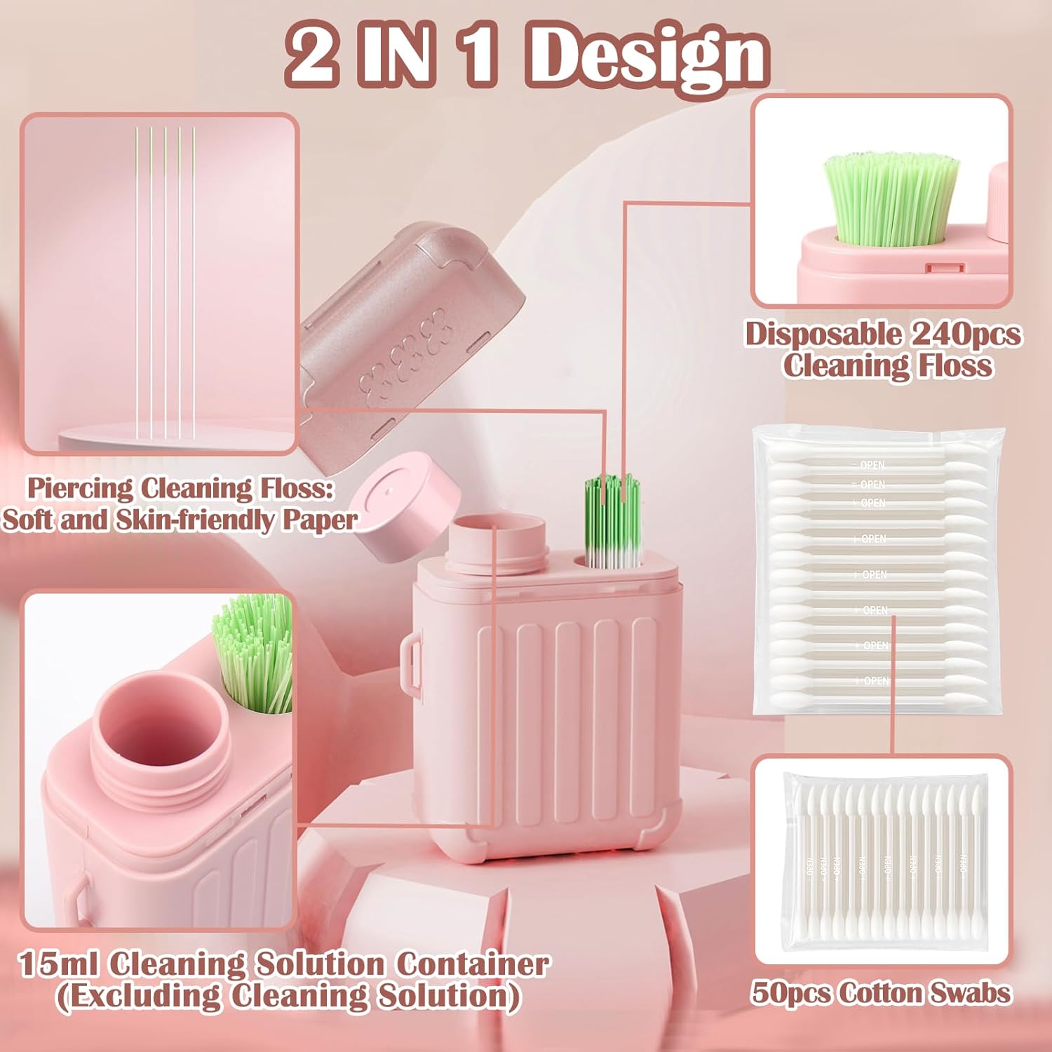 XANGNIER Ear Piercing Cleaner Kit - 240 Disposable Floss & 50 Cotton Swabs for Aftercare | Pink