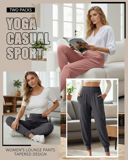 Locoowai Women's Yoga Joggers - Cozy High-Waisted Sweatpants with Pockets | 2 Pack, Casual Comfort