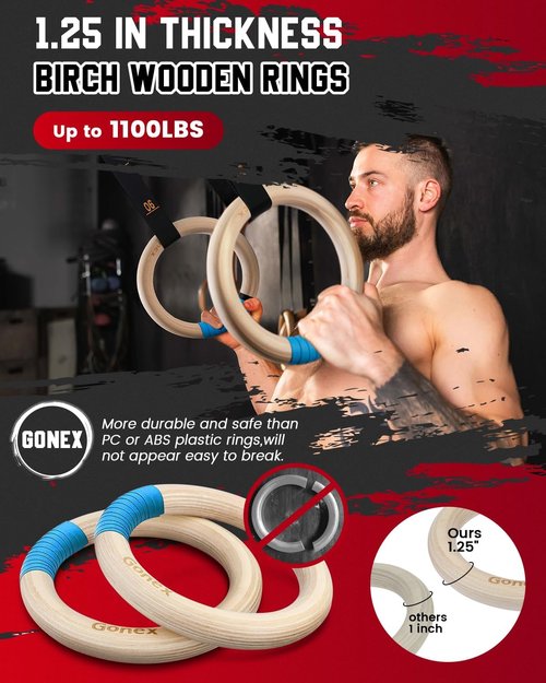 Gonex Gymnastic Rings - Adjustable Olympic Rings with 8.5 ft Non-Slip Straps for Home Workouts
