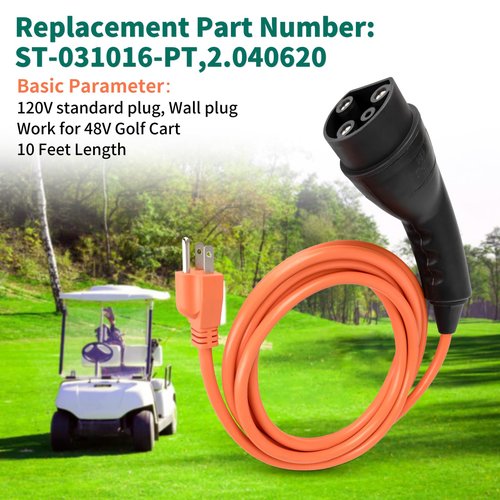 Charging Power Cord Compatible with Evolution ICON Golf Carts, 120V 3 Pin Golf Cart Charger Power Cord Replace OEM# 2.04.0620 ST-031016-PT (Plug and Play)