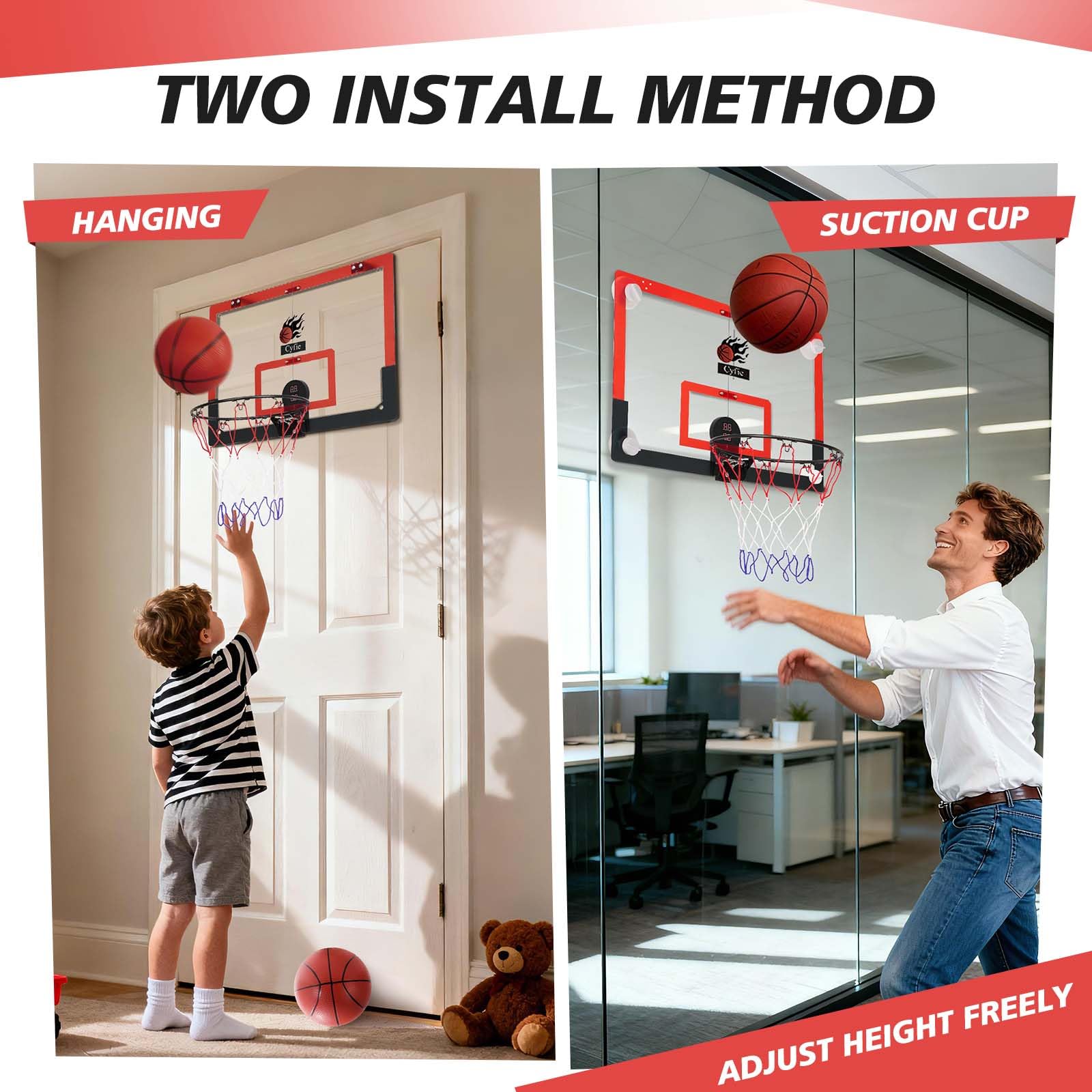 CYFIE 24" x 16" Large Basketball Hoop, Suction Cup/Over The Door Basketball Hoop with Sturdy Backboard/Electronic Scoreboard,Sound,3 Balls, Basketball Toys Gifts for Adults Kids Teens Boys Girls