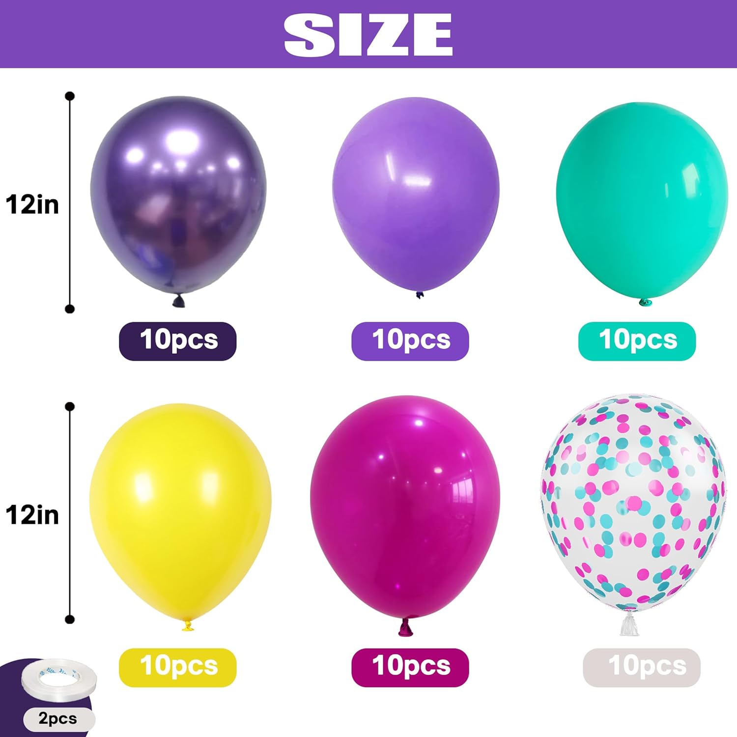 Skiennix 12-Inch Metallic Balloons - 60 Pcs in Hot Pink, Purple, Teal & Yellow for Kids' Parties | Birthday & Baby Shower Decor