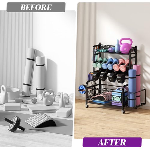 Dumbbell Rack,VOPEAK Weight Rack for Dumbbells, Weight Rack for Home Gym, Home Gym Storage Rack for Yoga Mat Kettlebells and Strength Training Equipment, Dumbbell Rack Stand only with Wheels