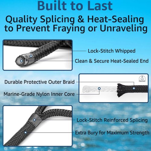 Boat Dock Lines - 1/2" x 15' Double Braided Nylon Ropes | Marine-Grade High Strength with 12" Loop - 4 Pack, Black