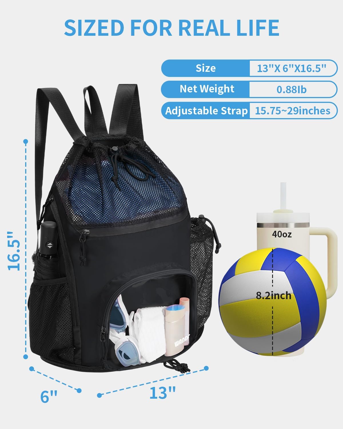 WANDF Swim Bag - Sandproof Beach Backpack with Wet Pockets & Tumbler Side Pockets | Black