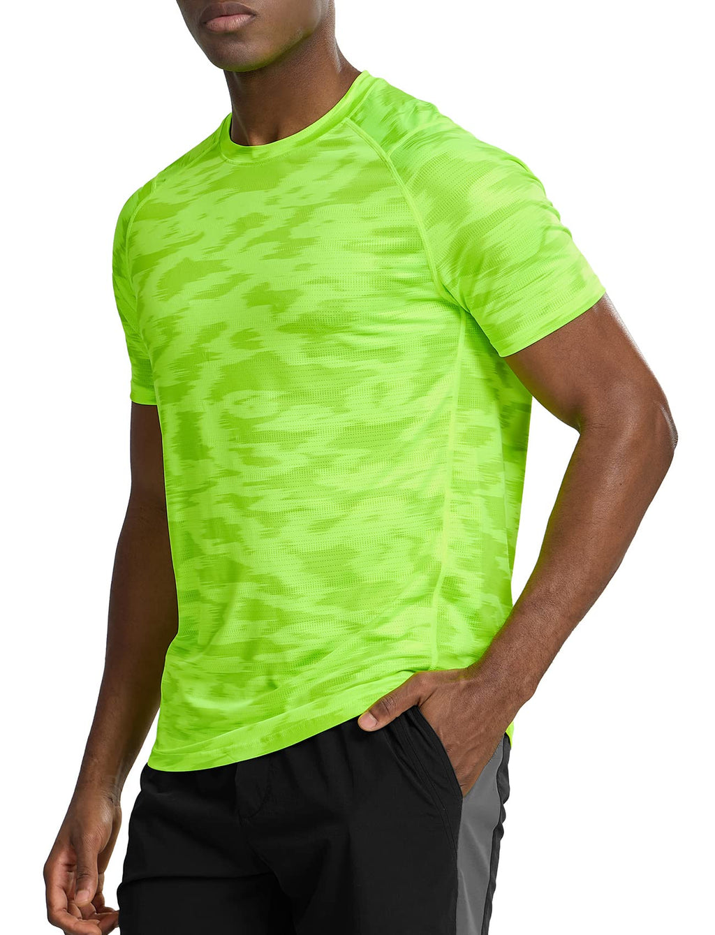 Zengjo Mens Running Shirts Moisture Wicking Gym Workout Tshirt Quick Dry(Neon Green,L)