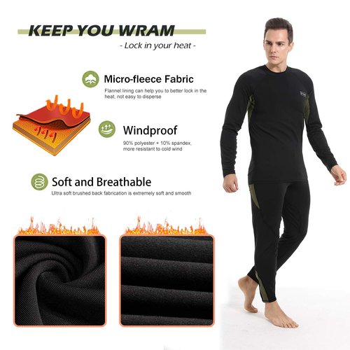 Yunoble 2 Pack Thermal Underwear for Men Long Johns Fleece Lined Hunting Gear Bottom Top Set Base Layer Cold Weather-L