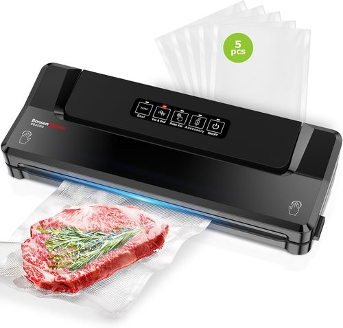 Bonsenkitchen Vacuum Sealer Machine - Compact Food Sealer for Meal Prep & Storage | 5 Bags Included, Black