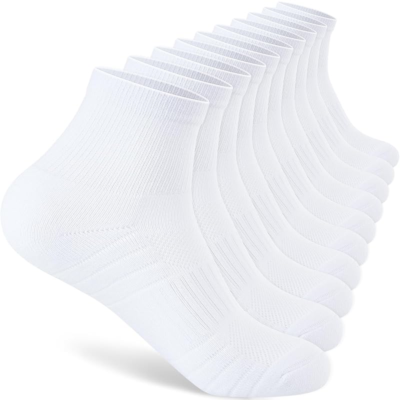 Monxiery 5 Pairs Mens Cotton Cushioned Ankle Socks, Moisture-Wicking Breathable Athletic Socks – White, Large-XL