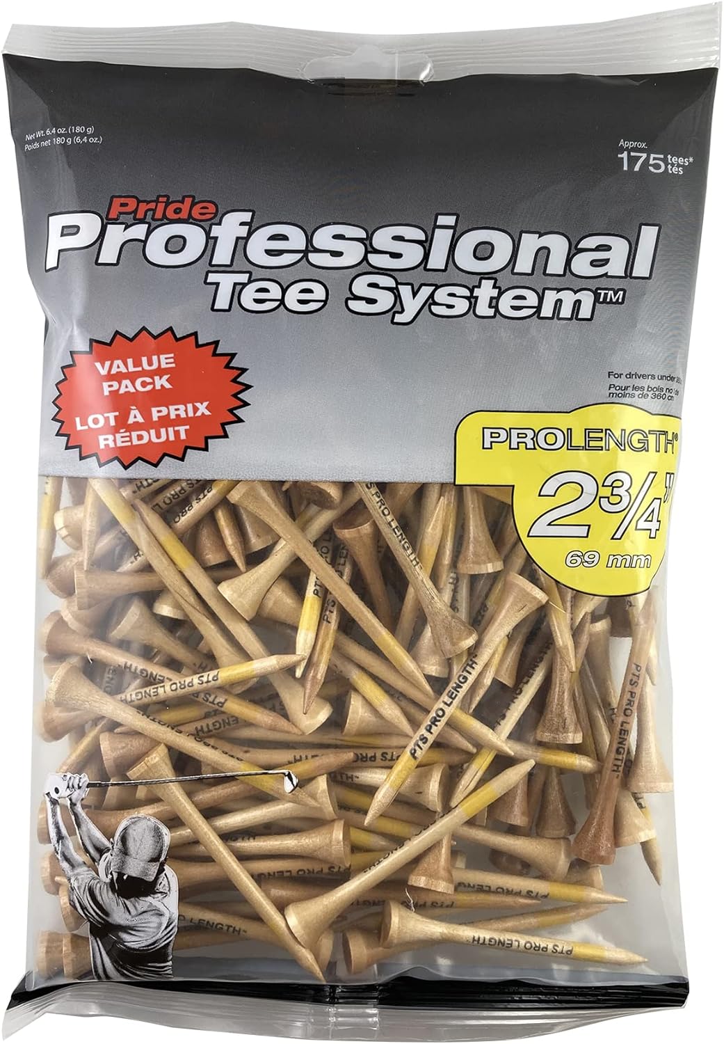 Pride Professional Tee System - 2-3/4 Inch ProLength Golf Tees | 175 Count, Natural Color