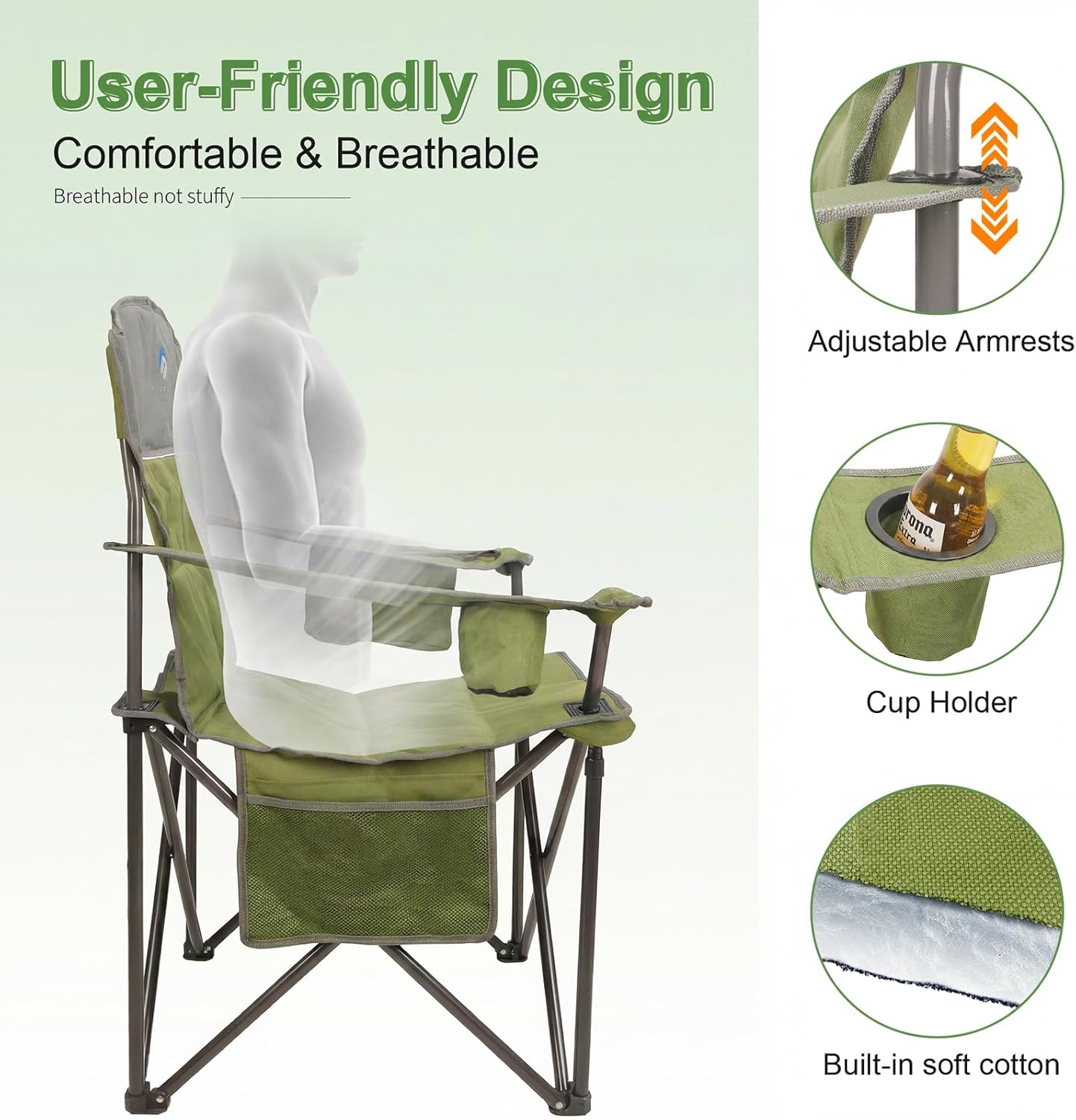 Skiennix Oversized Camping Chairs - Heavy Duty 400LBS Padded Lawn Chair with Cooler Bag & Cup Holder | Olive Green