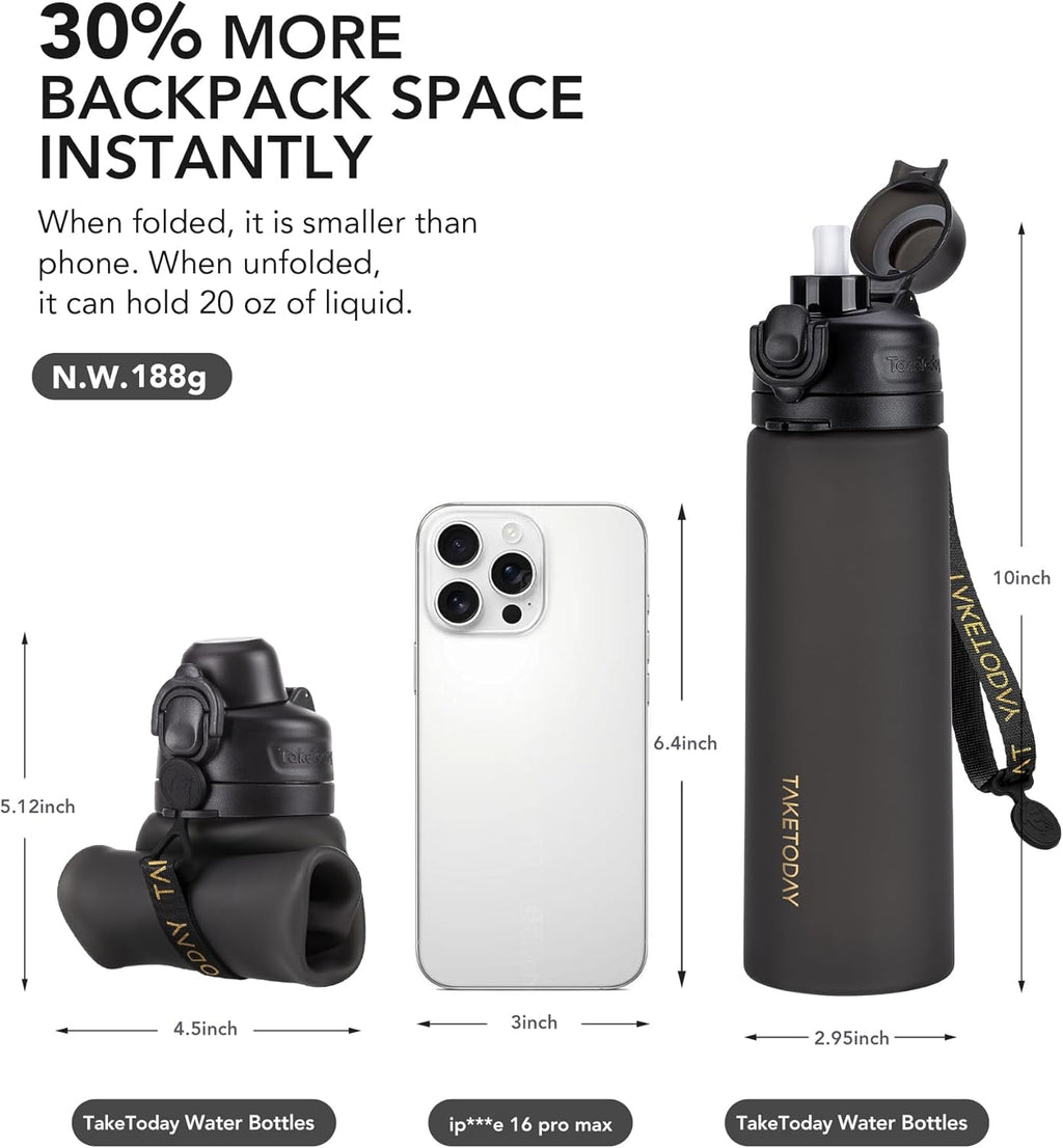 TakeToday Collapsible Water Bottle - 21oz Foldable Platinum Silicone with Straw & Carry Strap | BPA-Free, Leak-Resistant