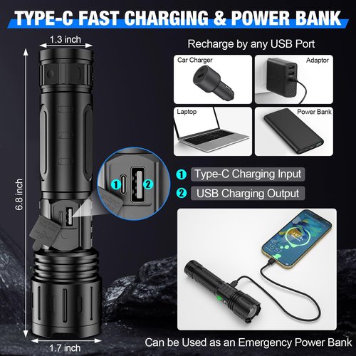 Banral LED Flashlights High Lumens Rechargeable, 5000mAh Super Bright Powerful Flashlight, Type-C, 5 Modes, Zoomable, IPX5 Waterproof High Powered Tactical Flash Light for Emergency Camping Hiking