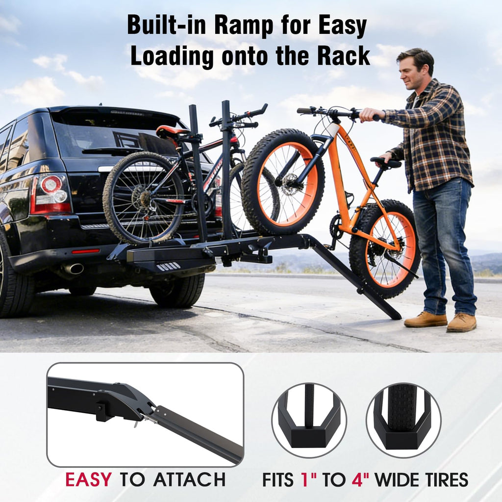 Tekmira Ebike Rack with Ramp, Foldable Bike Rack for Tow Hitch, Heavy Duty Bike Carrier for 2 Fat Tire Bikes with 300LBS Load Capacity - Fits SUV, Truck, Trailer, RV-Gray