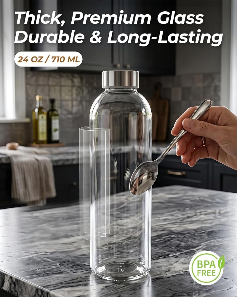 24 oz Clear Glass Juice Bottles with Stainless Steel Lids - 4 Pack (Variation: 24.0 fl oz, Silver Lids)