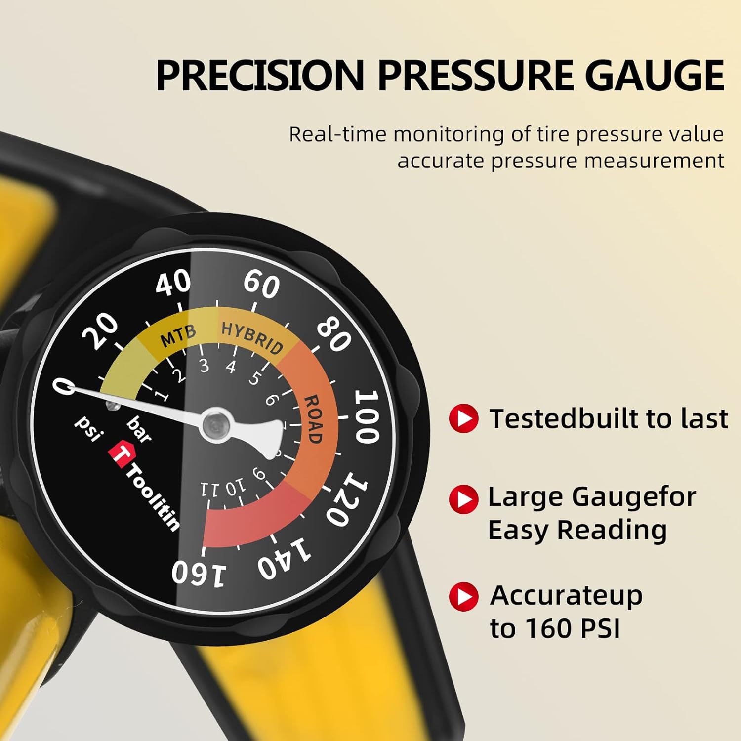 TOOLITIN Floor Bike Pump - 160 PSI High Pressure with Gauge | Compatible with Presta & Schrader Valves