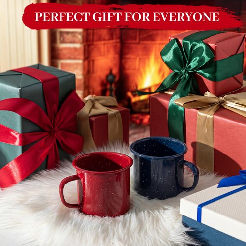 Mimorou 2 Pcs 16 oz Enamel Mugs Outdoor Camping Coffee Cups for Hot Cold Beverages Durable for Home, Travel, Beach (Red, Blue)