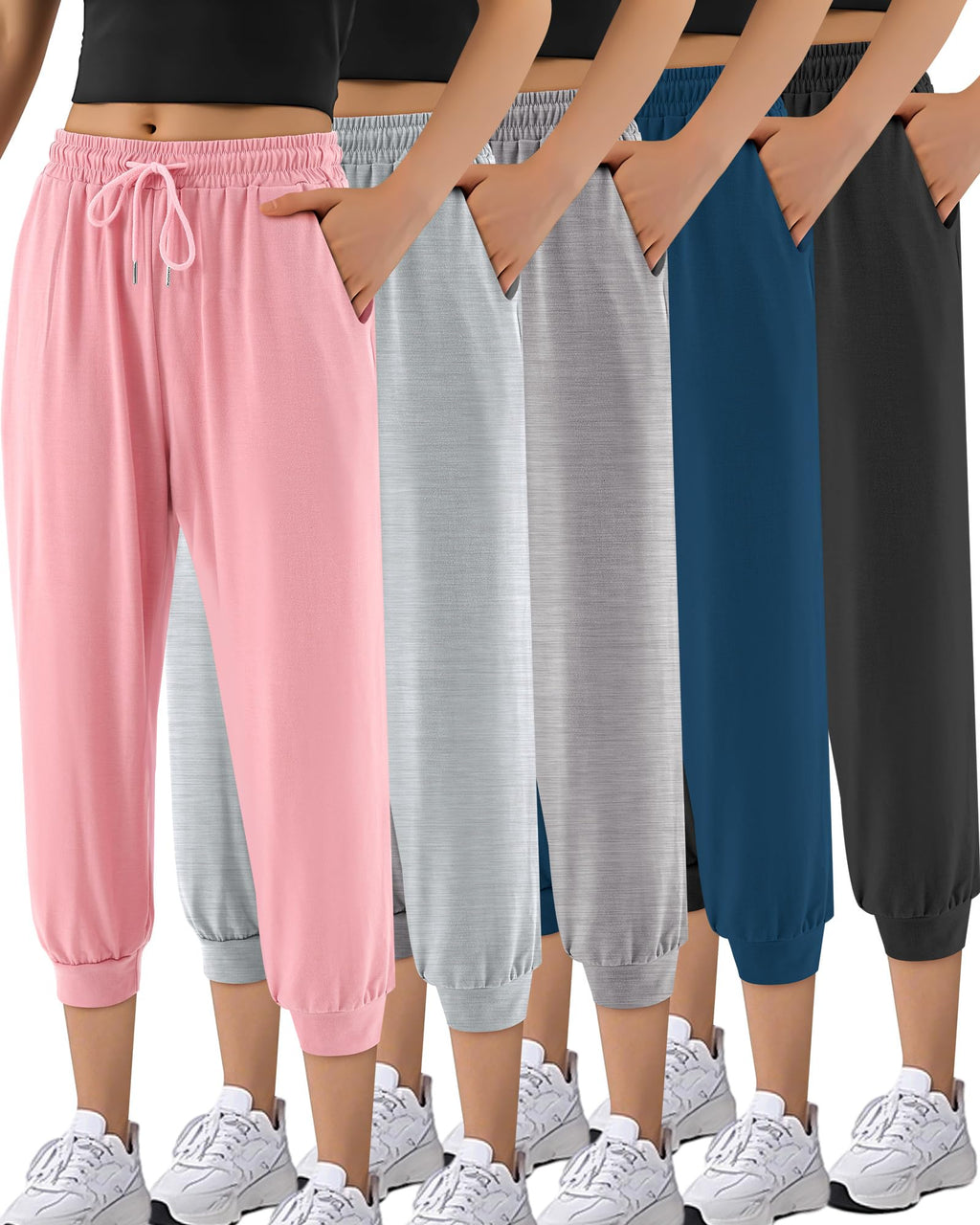 Taiyin 5 Pack Women's Ultra Soft Lounge Capri Joggers Sweatpants with Pockets for Athletic Running Yoga Workout Lounge Pants (L)