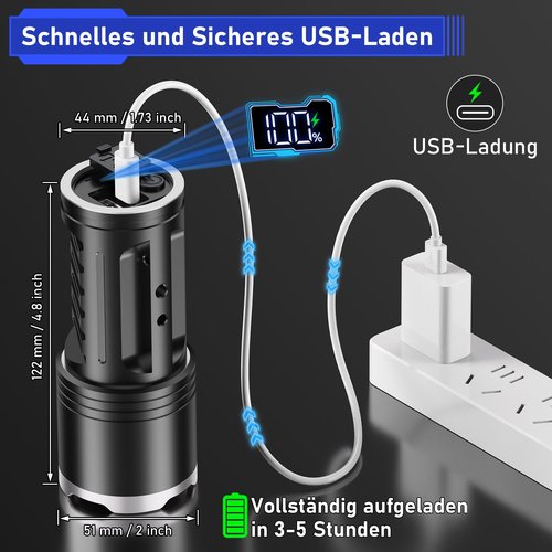 JAY-PARK LED Flashlights High Lumens 100000, Built-in 10800mAh Rechargeable Battery and LCD Power Display, 5 Lighting Modes, Zoomable, for Home, Emergency