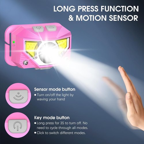 LHKNL Headlamp Flashlight - High Lumen LED Rechargeable Headlight with Motion Sensor | 2-Pack Waterproof for Camping & Hiking - Pink