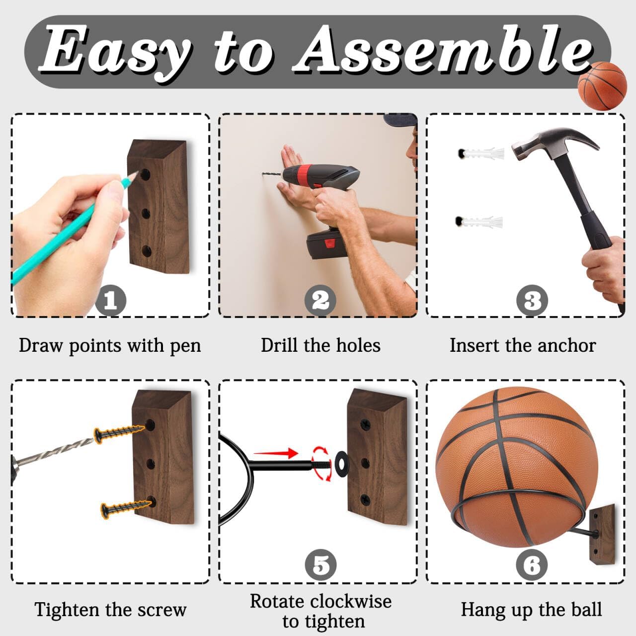 Skiennix Basketball Holder Wall Mount - 7-Inch Solid Black Walnut Base & Metal Ring | Sports Display Rack