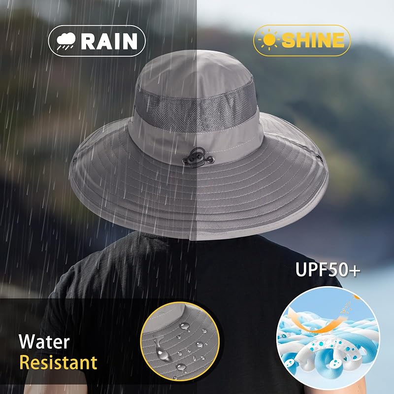 Light Grey Cooling Sun Hat for Men & Women - Wide Brim Foldable Boonie Hat for Fishing Hiking