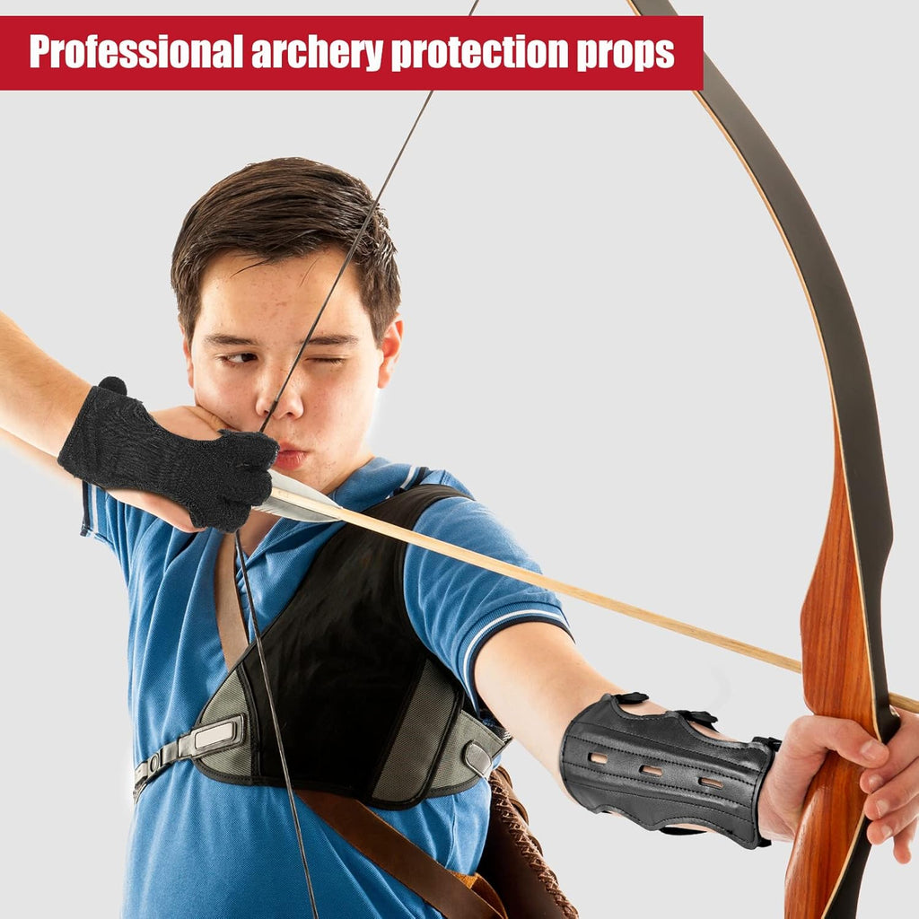 Sratte Archery Glove & Arm Guard Set - Adjustable 3-Strap Leather Bracer for Youth & Adults