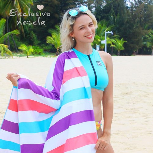 Exclusivo Mezcla Oversized Microfiber Quick Dry Beach Towels - Lightweight Sand-Free Pool Towels (Green & Purple, 35x70 Inches)