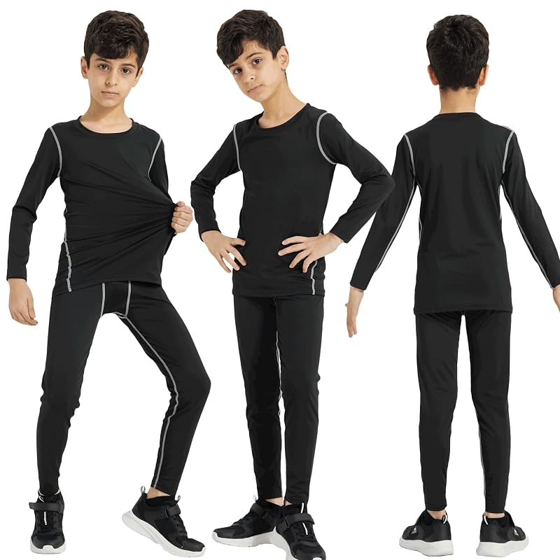 Base Layer Set for Kids - Long Sleeve Top + Full Length Pants, 4-Way Stretch, Quick Dry, 120–160 cm, Variation: Black+5
