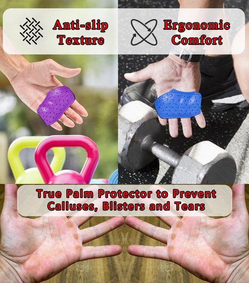 FVVWVV Weight Lifting Grips for Men Women, Ergonomics Workout Silicone Gym Grips Pads for Palm Protection, for Weight Lifting, Pull-Ups, Gym Training and Exercise (Blue (1 Pair) & Purple (1 Pair))