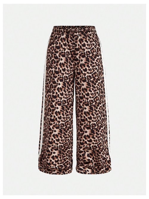 SHENHE Girl's Y2k Leopard Print Pants Wide Leg Baggy Side Stripe Cheetah Pants Trousers Brown 10 Years