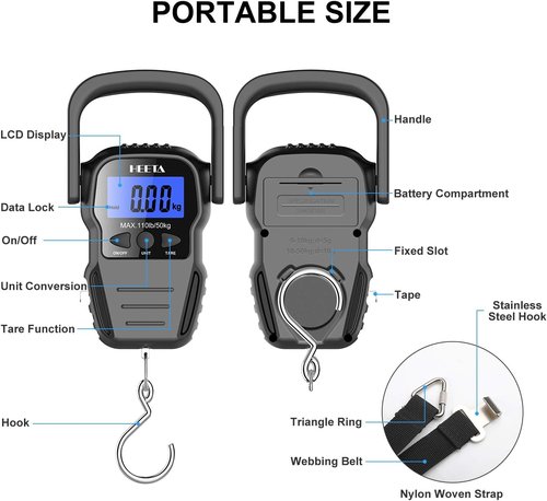 HEETA Digital Fish Scale - Backlit LCD Display, 110lb Capacity, Hook & Measuring Tape Included
