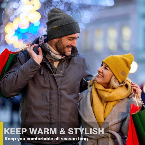 KIEPTOMIK 2pcs Merino Wool Warm Beanie Hats Winter Cuffed Ribbed Knit Beanie Hat for Men Women Toboggan Cap (Merino Wool, Black+Grey)