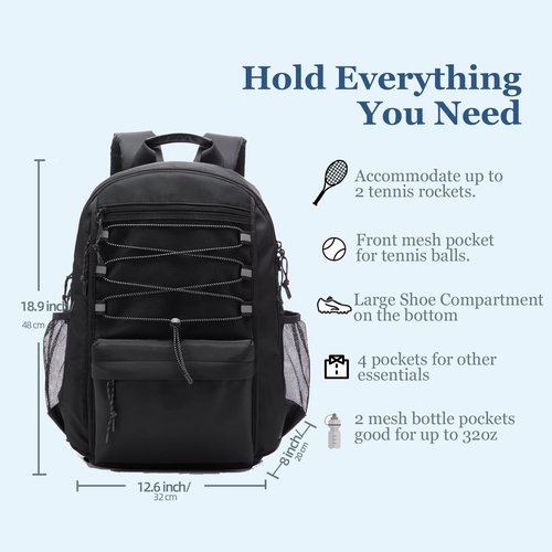 LANBX Tennis Bag, Tennis Backpack for Women Men 2 Rackets with Insulated Pocket Shoe Compartemnt for Pickleball Tennis Badminton (Black)