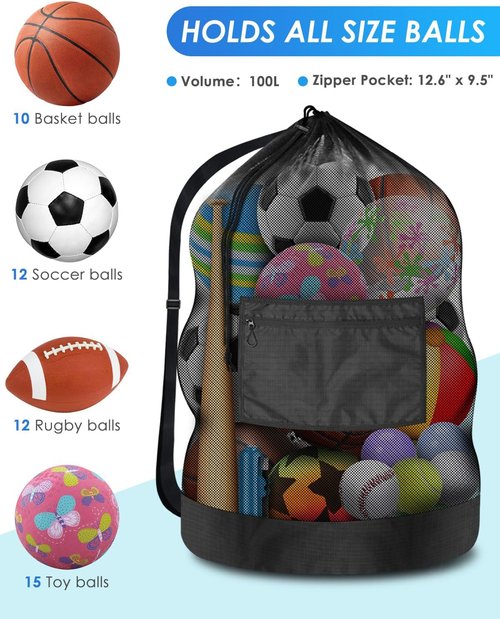 BROTOU Heavy Duty Soccer Ball Net Bag - Extra Large 100L Capacity for 10-12 Balls | Drawstring Mesh with Zipper Pocket