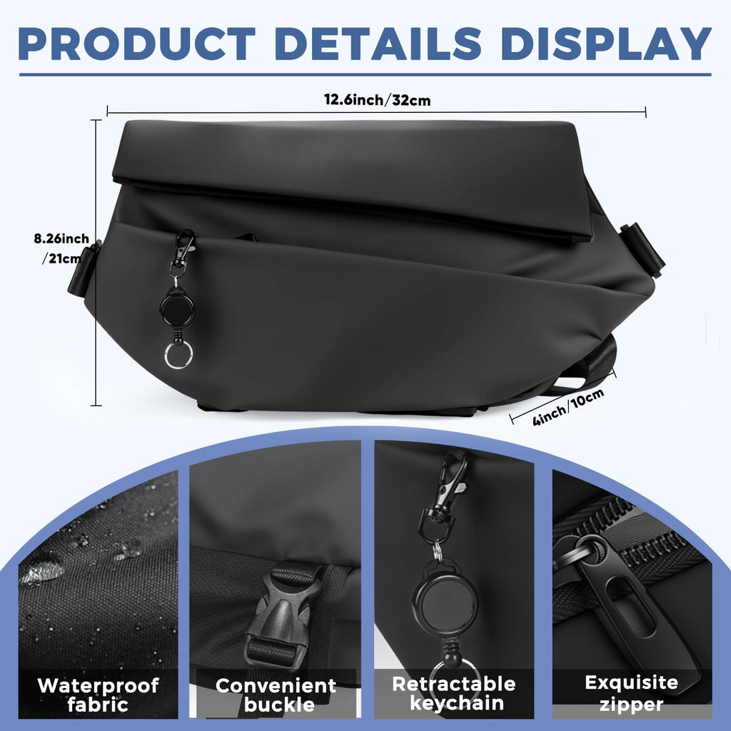 Sling Crossbody Bag for Men & Women – Expandable Waterproof Backpack Chest Bag with Magnetic Buckle for Cycling/Travel/EDC (Black, Medium)