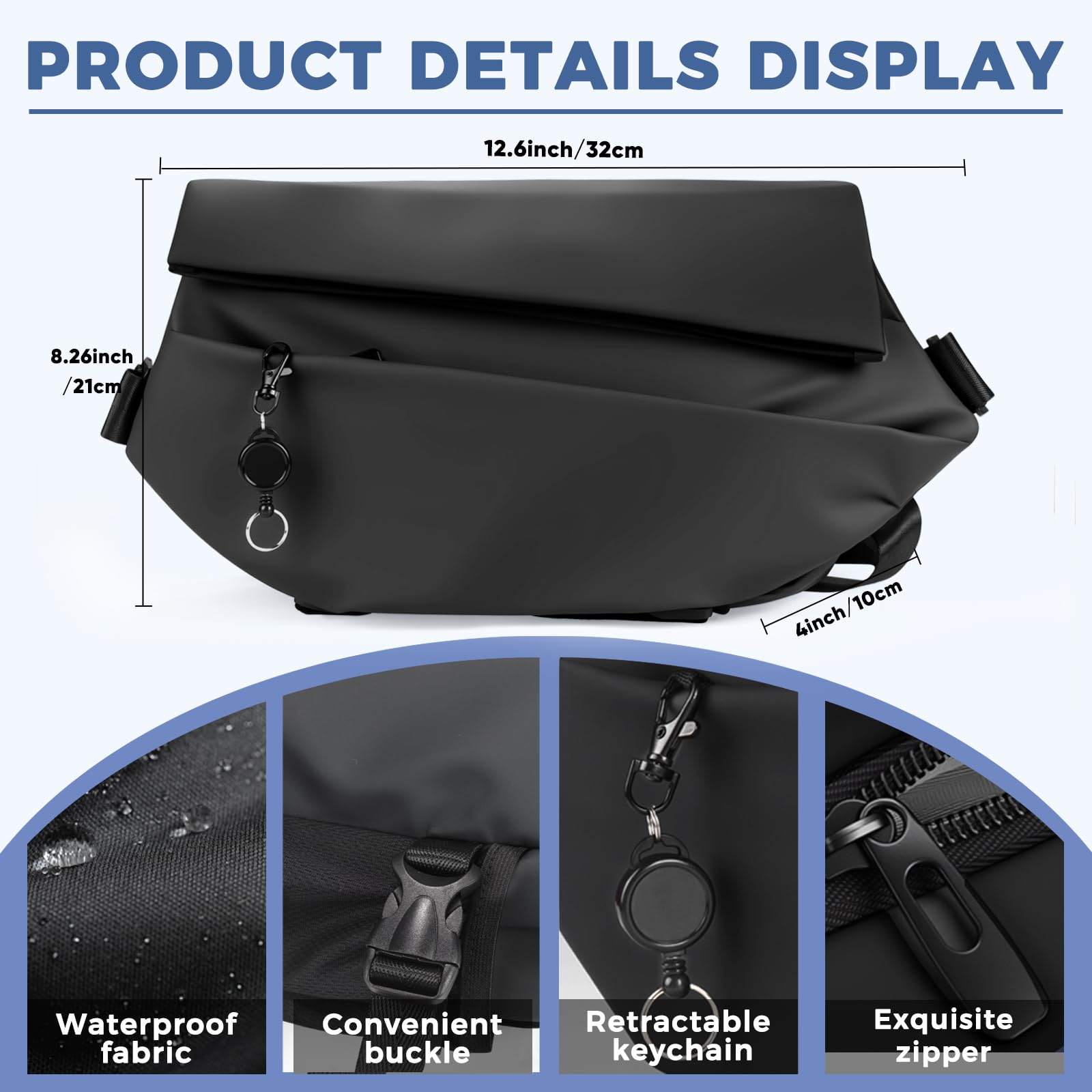 Sling Crossbody Bag for Men & Women – Expandable Waterproof Backpack Chest Bag with Magnetic Buckle for Cycling/Travel/EDC (Black, Medium)
