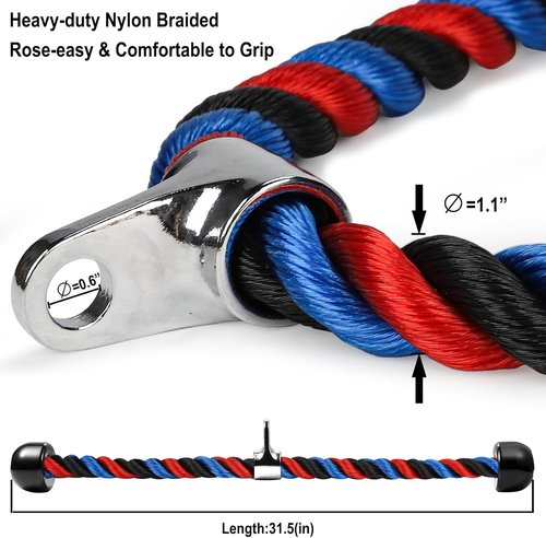 Deluxe Tricep Rope - 31.5 Inch Gym Cable Attachment for Easy Grip & Non-Slip LAT Pulldowns