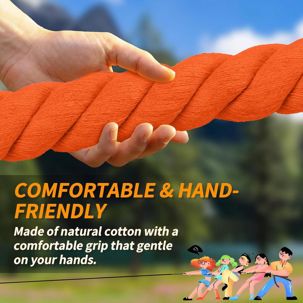 Skiennix Tug of War Rope - 20ft Soft Cotton Outdoor Pulling Rope with Flag for Family Fun | Orange