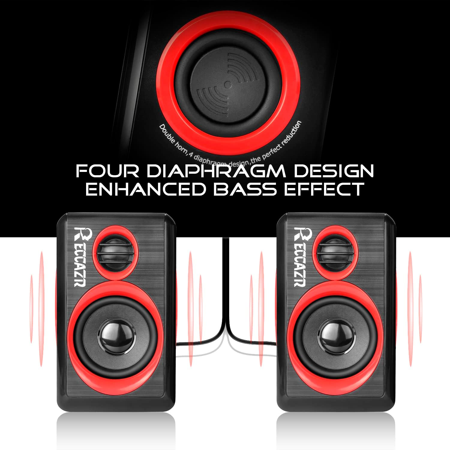 Reccazr SP2040 Computer Speakers - 2.0 CH USB Wired with Deep Bass for Desktop & Laptops | Red