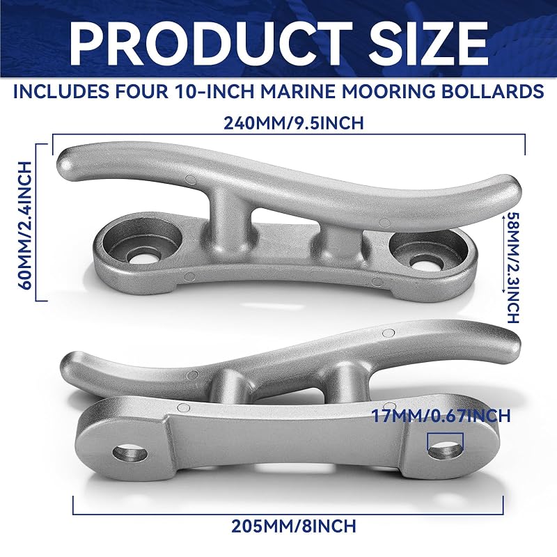 Jenaai 10-Inch Aluminum Dock Cleats (4 Pack) S-Style Tie-Down, 8100 LBF