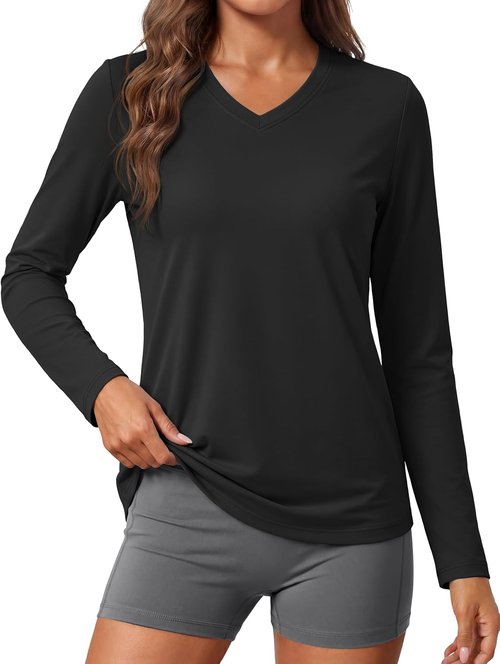 MAGCOMSEN SPF Long Sleeve Workout Shirts for Women - V-Neck UPF 50+ Quick Dry Performance Tees