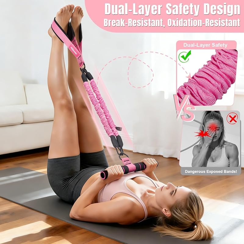 Upgraded Multifunction Pedal Resistance Band with Handle – 3 Tubes, 30-90 lb each, for Abdomen, Waist, Arms (Pink, X-Large) – Sit Up Exercise Equipment for Women